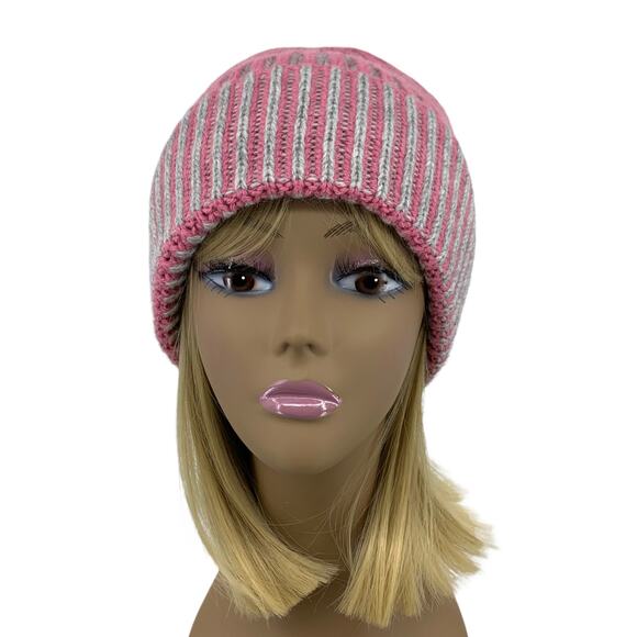 Two-Tone Pink wGrey Alpaca Wool Blend Rib Knit Cuffed Beanie by Aqua - Picture 2 of 10